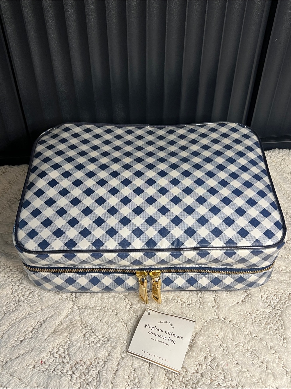 Pottery Barn Gingham Ultimate Cosmetic Bag Blue & White Check BEES Travel Case